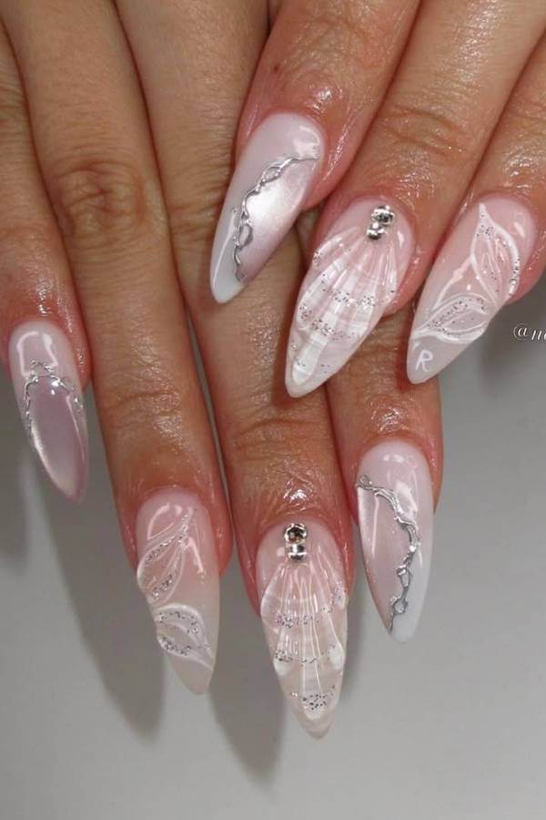 Pink Cat Eye Nails with Silver and White Butterfly Art