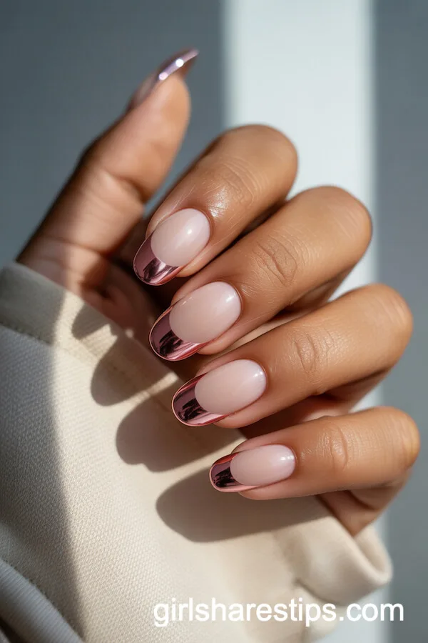 Nude Matte Oval Nails with Reflective Pink Chrome French Tips