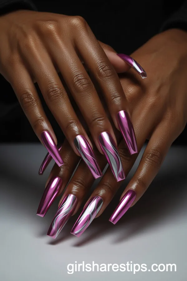 Extra-Long Coffin Nails with Pink Chrome and Silver Swirls
