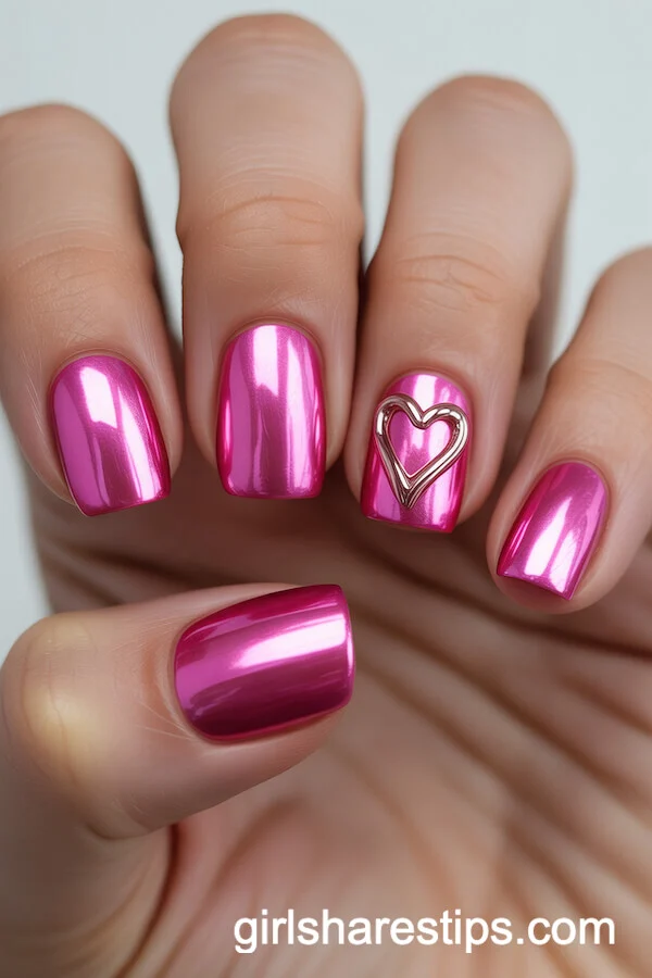 Short Square Nails with Pink Chrome and Heart Outline Detail