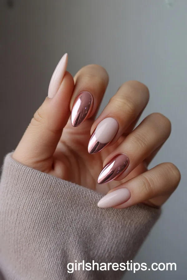 Almond Nails with Nude Half-Moon and Pink Chrome Body