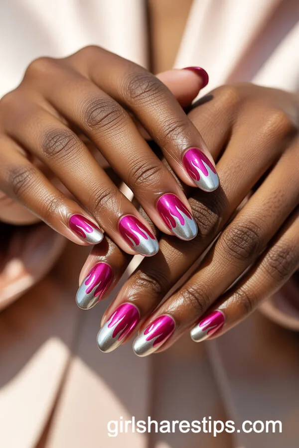 Squoval Nails with Pink Chrome and Chrome Flame Tips