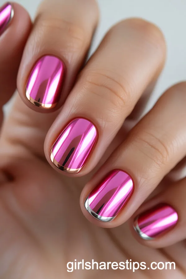 Very Short Nails with Pink Chrome and Modern French Tips