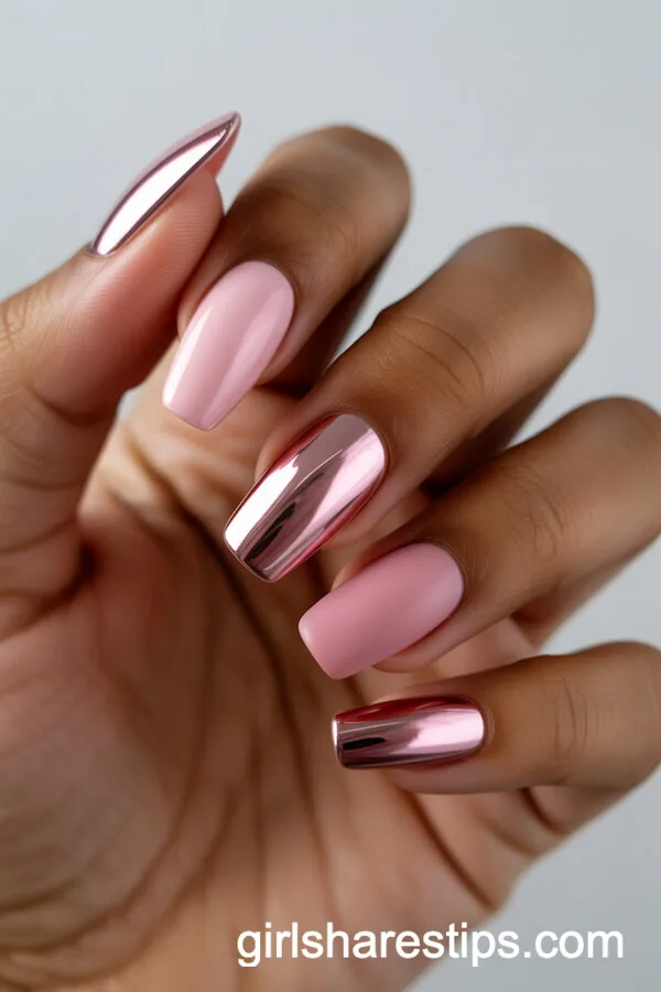 Ballerina Nails Mixing Mirror Chrome and Velvety Matte Pink