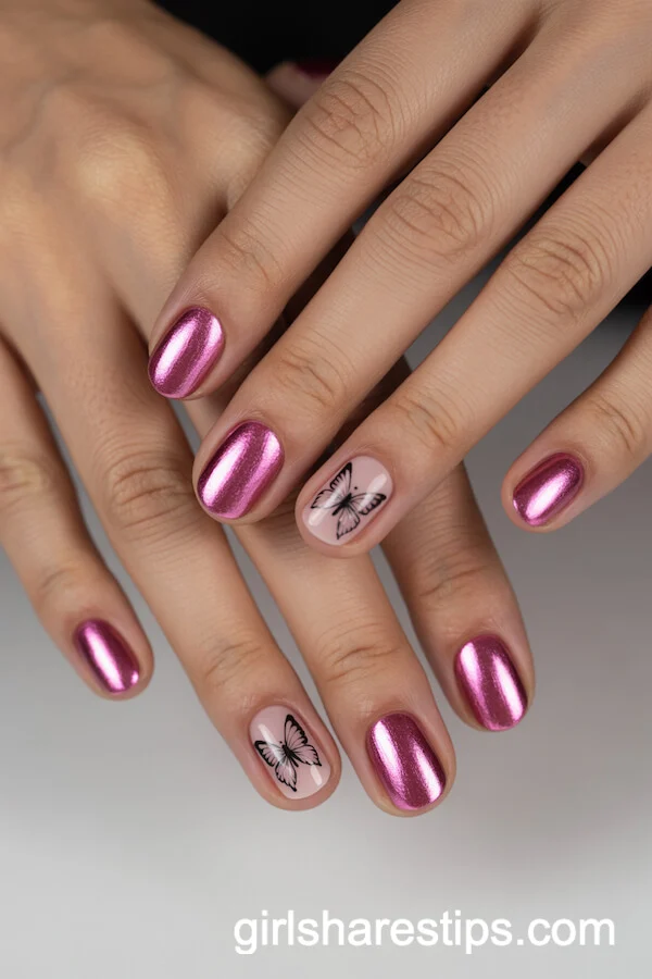 Short Pink Chrome Nails with Minimalist Butterfly Accent
