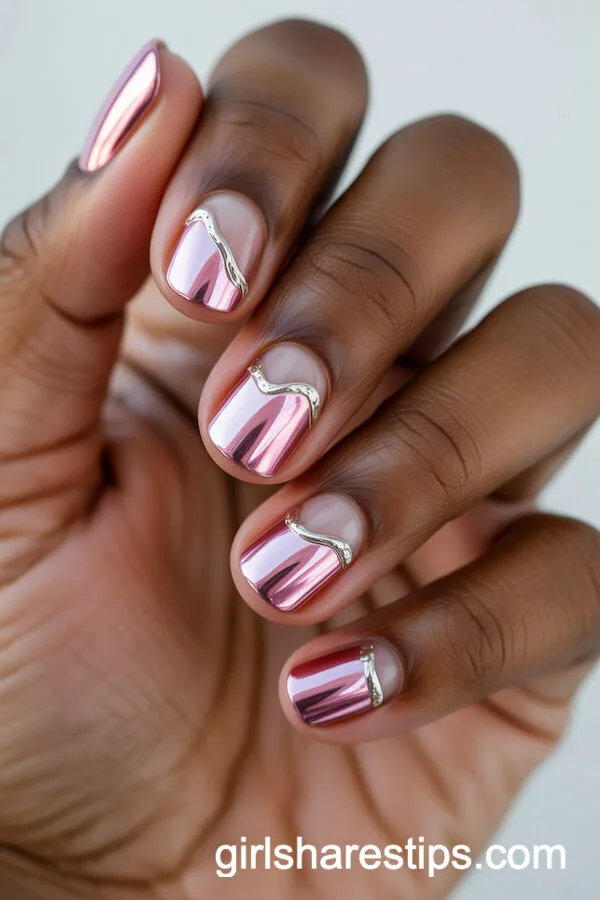 Medium Round Nails with Pink Chrome and Negative Space Design