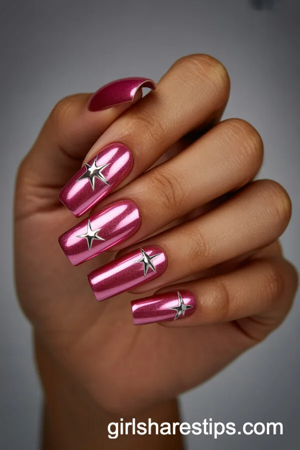 Long Square Nails in Pink Chrome with Metallic Star Accents