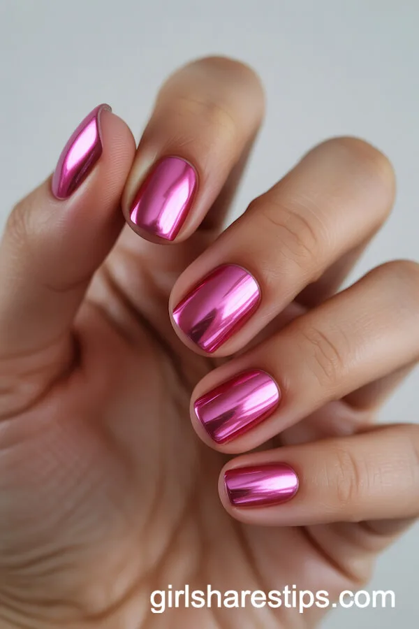 Short Square Nails in Pop Pink Chrome Mirror Finish