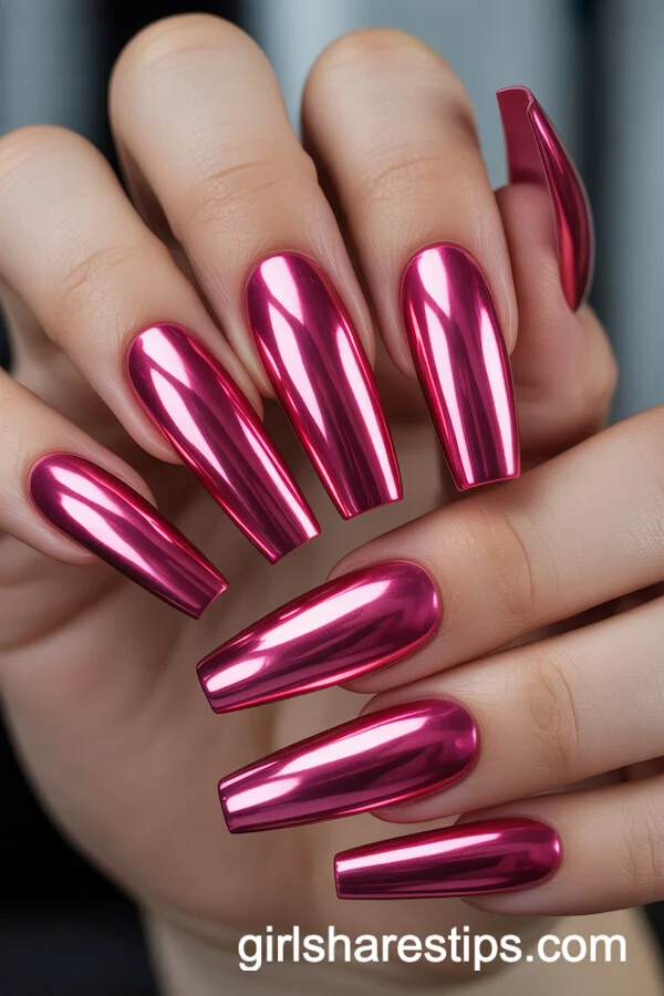 Long Coffin Nails with Bold Metallic Pink Chrome Shine