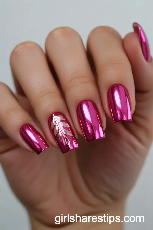 Ballerina Nails with Pink Chrome and Rose Gold Leaf Art