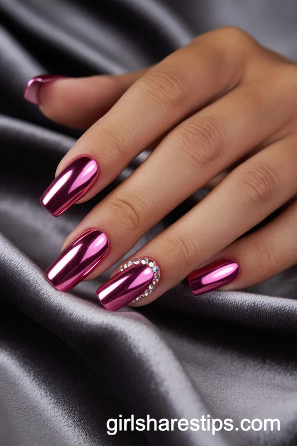 Coffin Nails with Pink Chrome and Rhinestone Accent