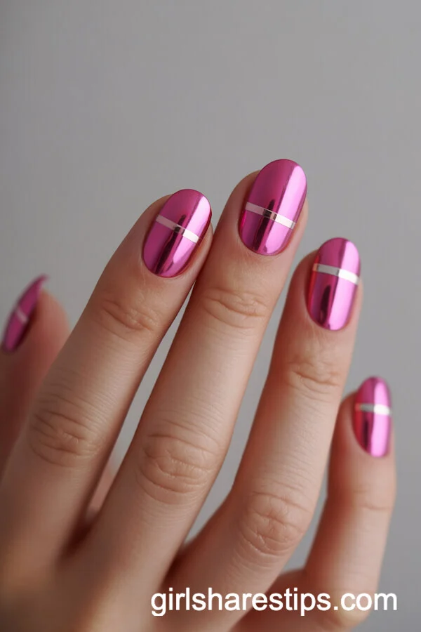 Minimalist Round Nails with Pink Chrome and Metallic Line Art