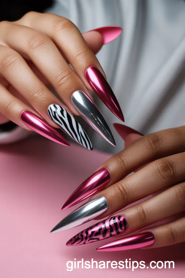 Long Stiletto Nails Featuring Pink Chrome Animal Prints