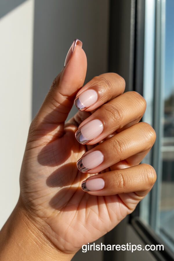 Short Almond Sheer Pink with Metallic Chrome Tips