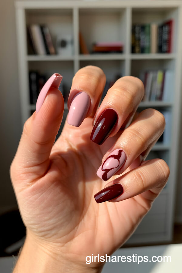 Coffin Nails with Dusty Pink, Burgundy, and Abstract Design