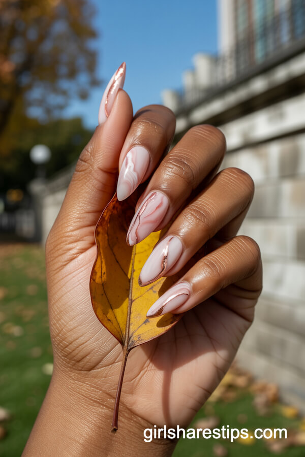 Long Almond Pink Marble with Rose Gold Veining