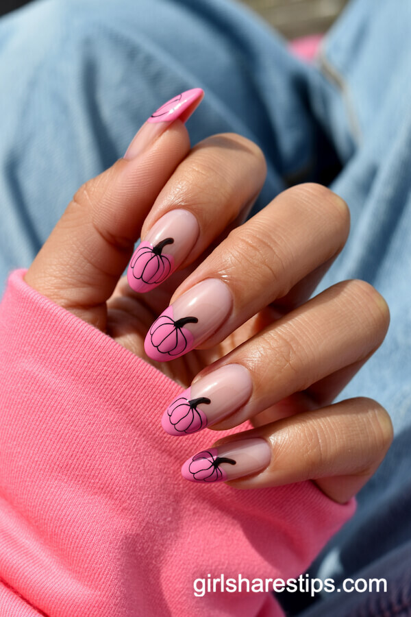 Long Almond Nude Pink with Cartoon Pumpkin French Tips