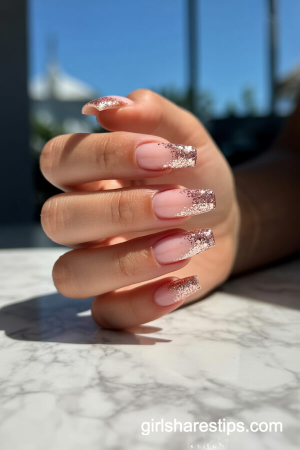 Coffin-Shaped Pink to Rose Gold Glitter Ombre Nails