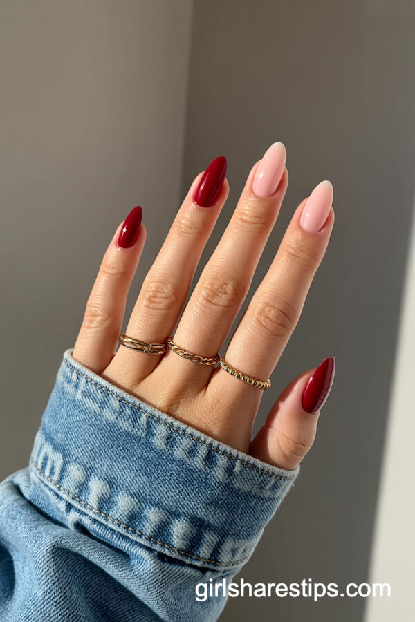 Long Almond Alternating Deep Berry and Pastel Pink