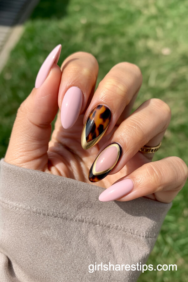 Long Almond Pastel Pink with Tortoiseshell and Gold Accent Nails