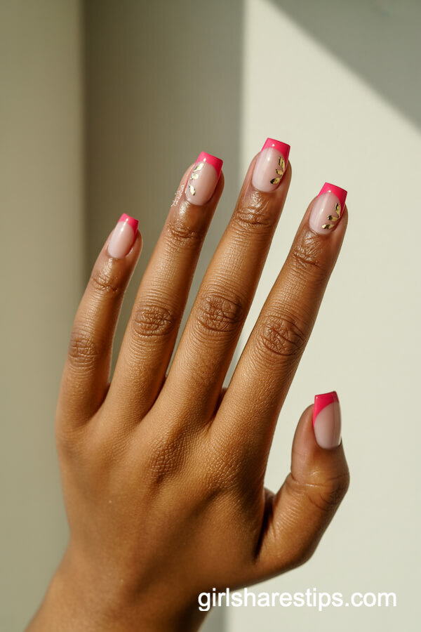 Short Rounded Square Milky Pink with French Tips and Gold Foil