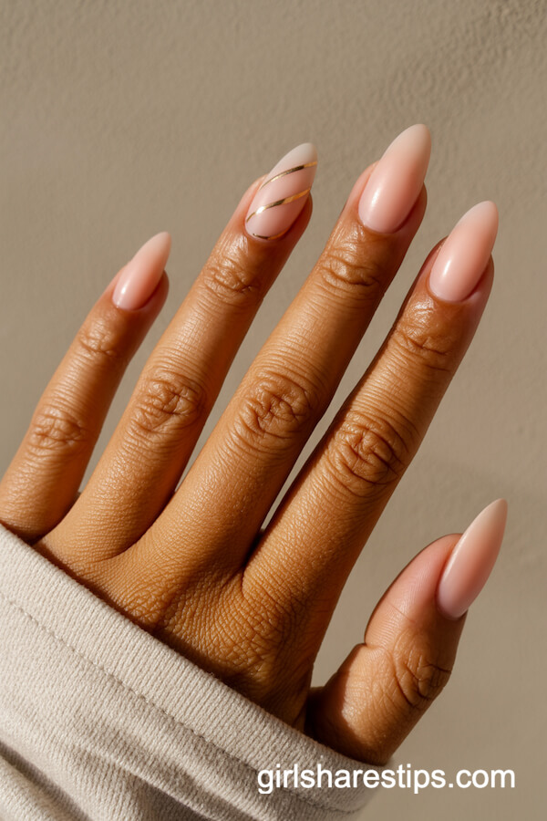 Long Almond Matte Blush Pink with Metallic Gold Lines