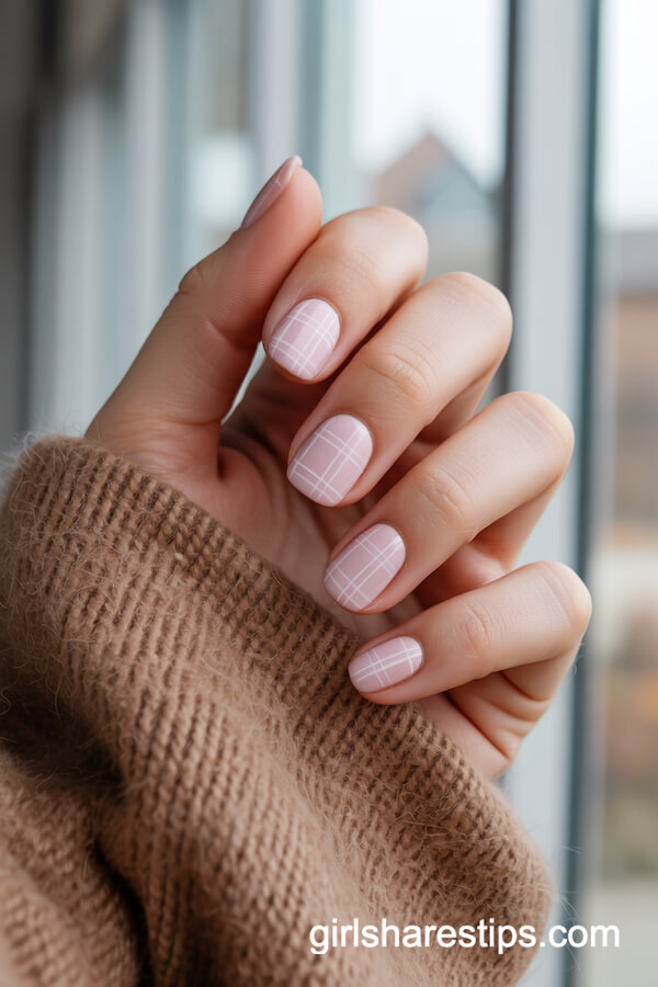 Square Pink Plaid Pattern Nails