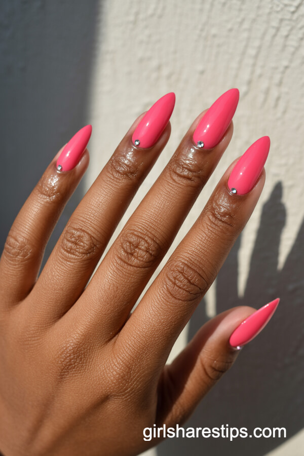 Medium Stiletto Glossy Barbie Pink with Rhinestones