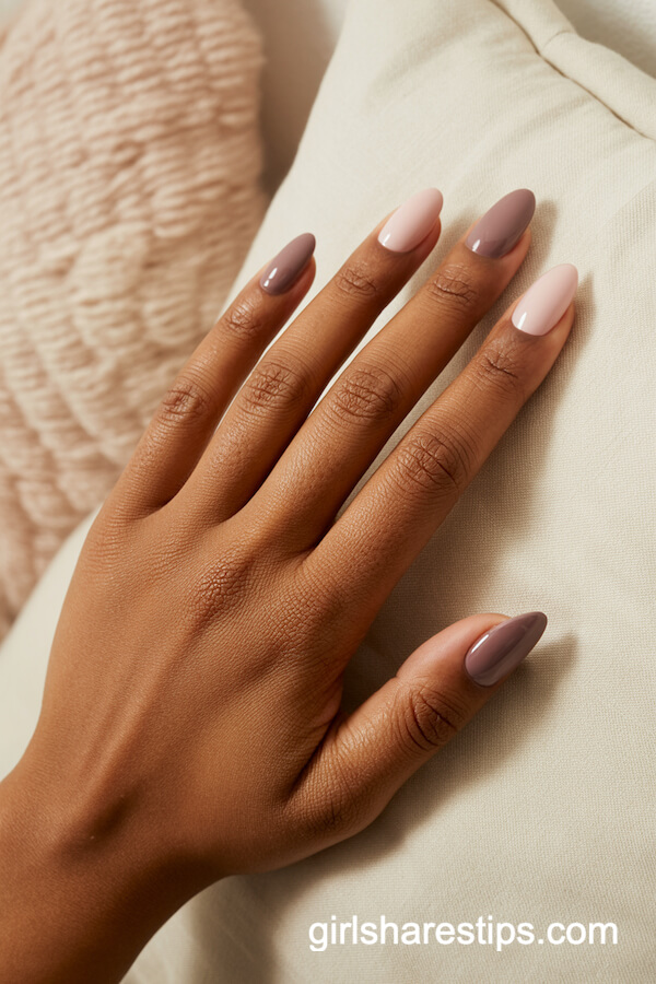Oval Dusty Pink and Taupe Color Block Nails