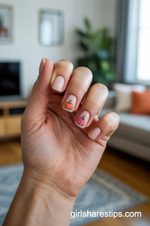 Short Square Pale Pink with Tiny Pumpkin Drawings