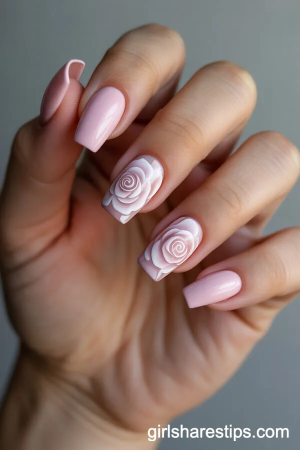Coffin Pink Nails with White and Blush Rose Designs