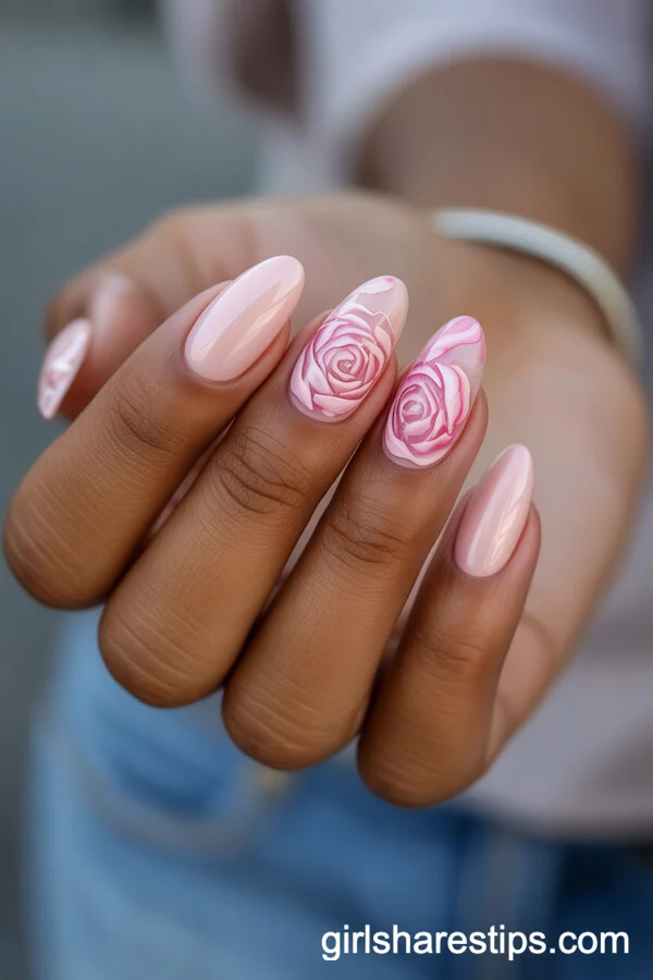 Blush Pink Almond Nails with Intricate Wild Rose Art