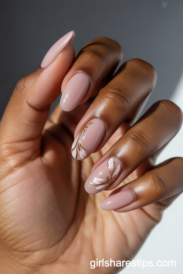 Dusty Pink Ballerina Nails with Gold-Outlined Floral Accents