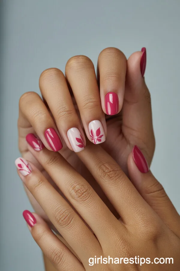 Fuchsia and Baby Pink Nails with Minimalist Garden Flowers
