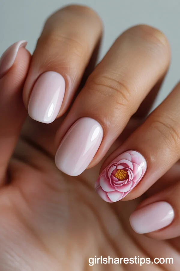 Milky Pink Squoval Nails with Realistic Camellia Art
