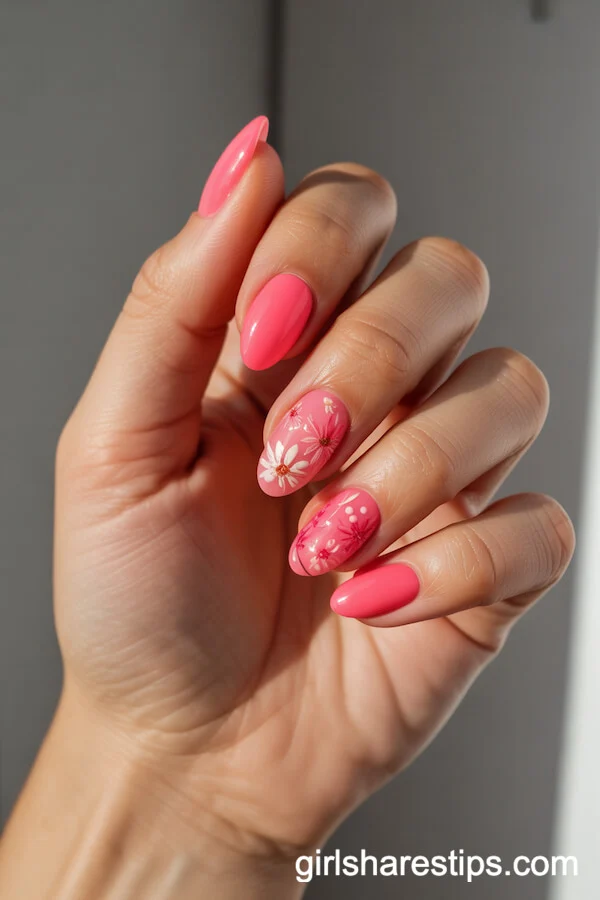 Neon Pink Almond Nails with Scattered Botanical Flowers