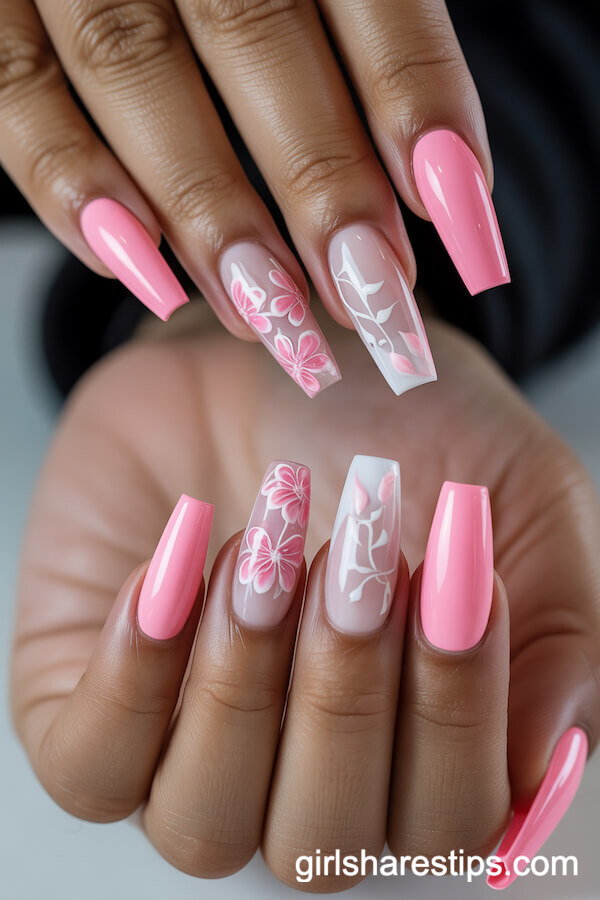 Pink and White Floral Coffin Nails with Intricate Designs