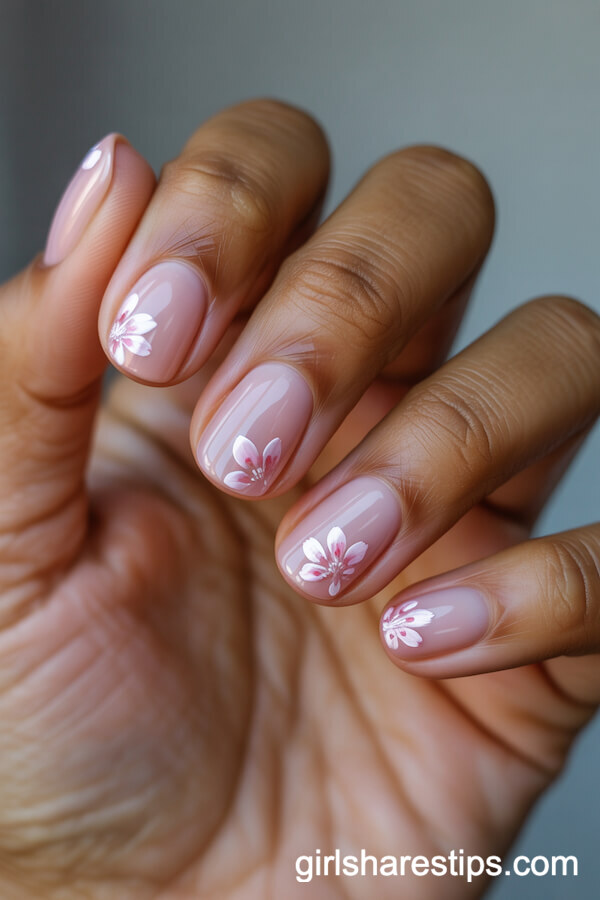Translucent Pink Round Nails with Hand-Painted Sakura Petals