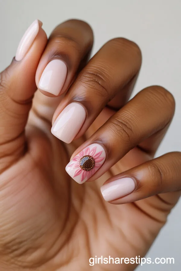 Light Pink Square Nails with Pink Sunflower Accent
