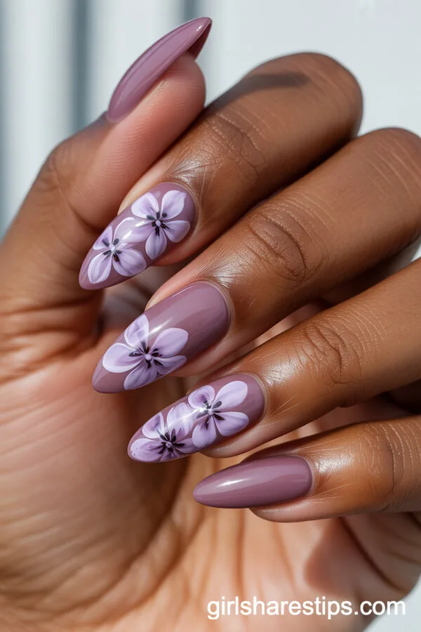 Mauve-Pink Stiletto Nails with Hand-Painted Lilac Flowers