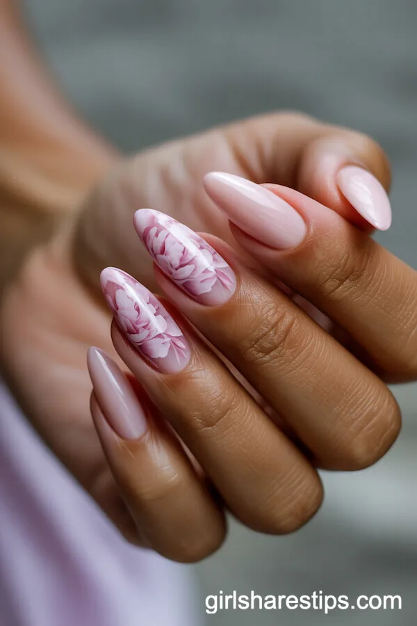 Almond Pink Nails with Delicate Peony Floral Patterns