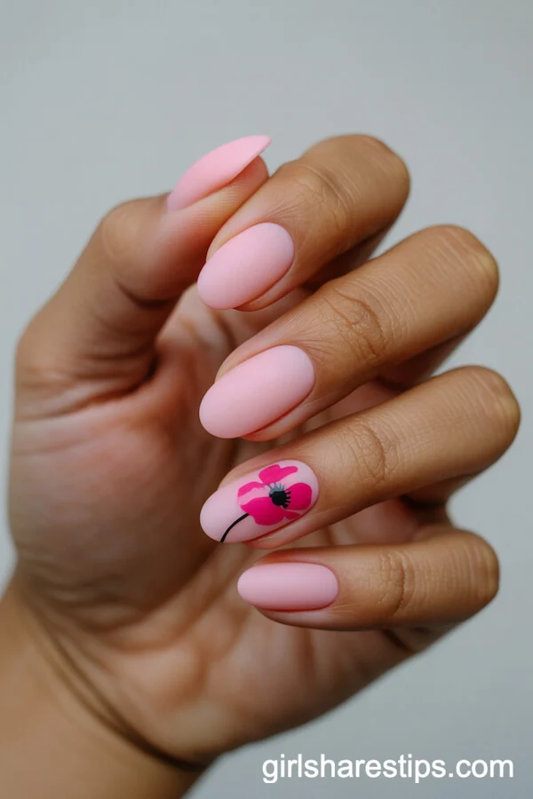 Matte Pink Oval Nails with Bright Poppy Accent