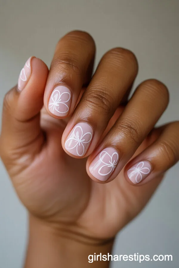 Soft Pink Round Nails with Minimalist White Floral Outlines