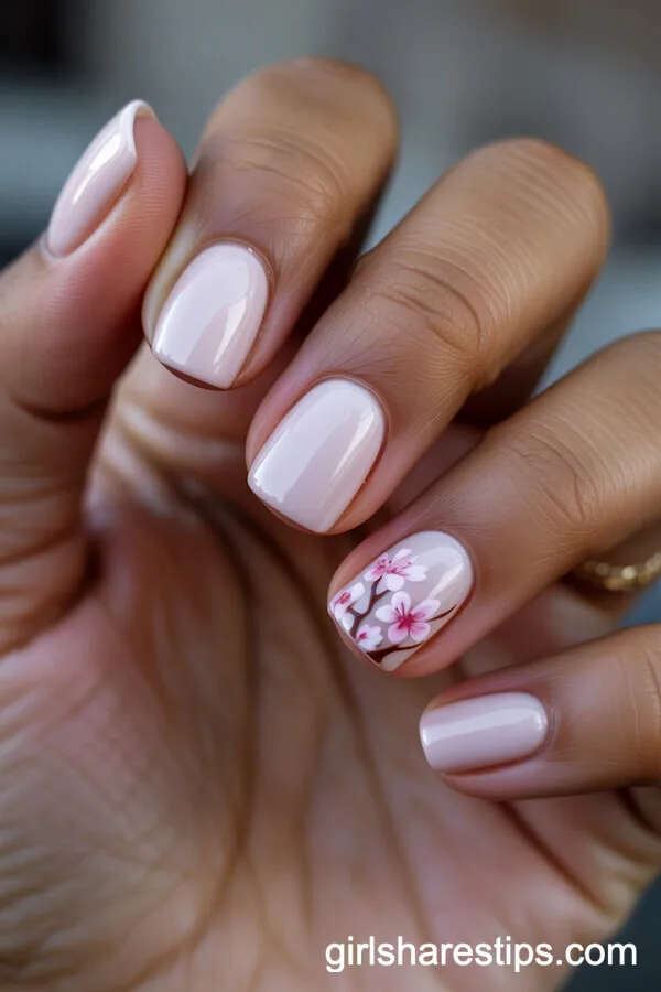 Short Square Pink Nails with Cherry Blossom Tip Art