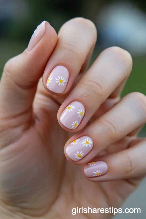 Pastel Pink Round Nails with Tiny Daisy Flowers