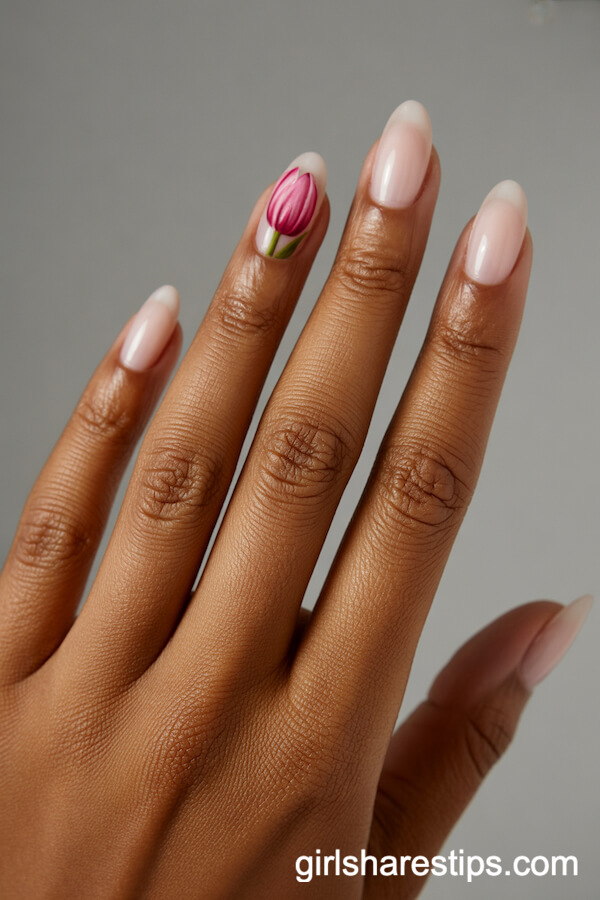 Oval Pink Nails with Accent Tulip Design