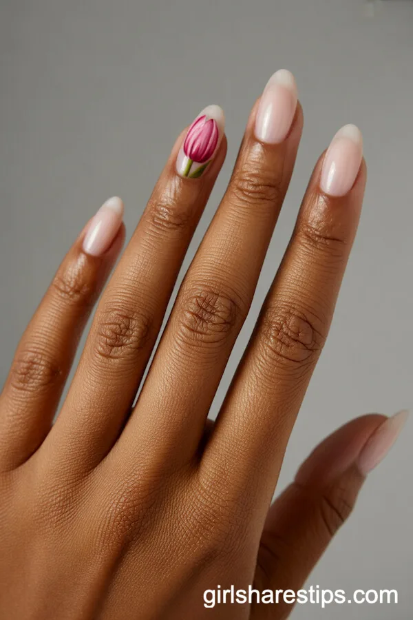 Oval Pink Nails with Accent Tulip Design