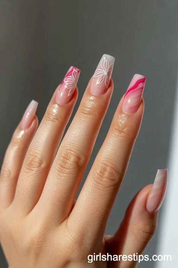 Coffin Marble Pink Nails with White Floral Linework