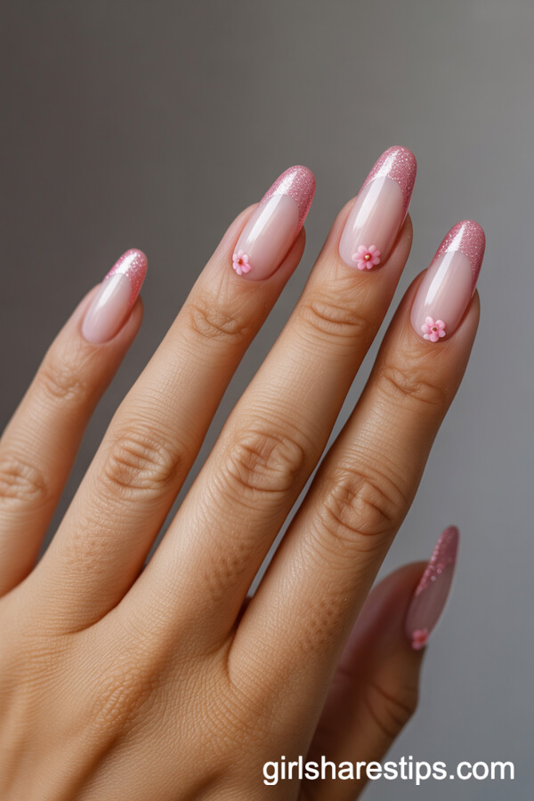 Pink Glitter French Almond Nails with Tiny Floral Accents