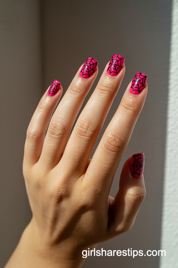 Bright Pink Spiderweb Square Nails